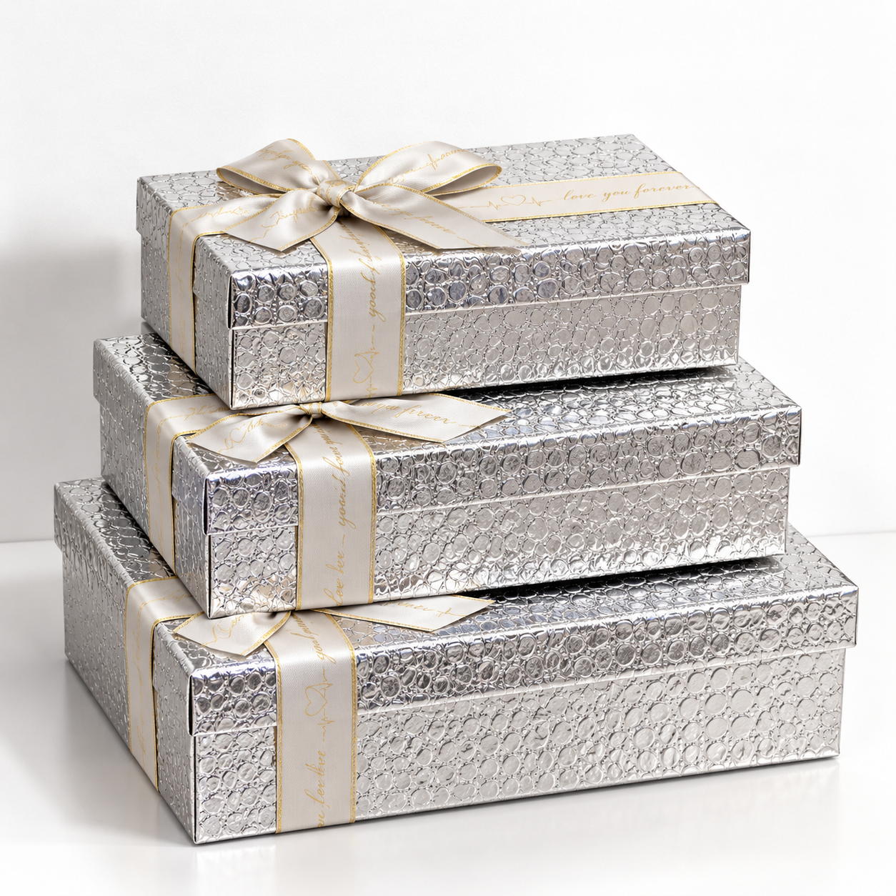 Rectangle Textured Silver with Cross Bow Gift Box